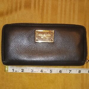 Michael Kors Black Leather Zip-Around Wallet with Gold Plate